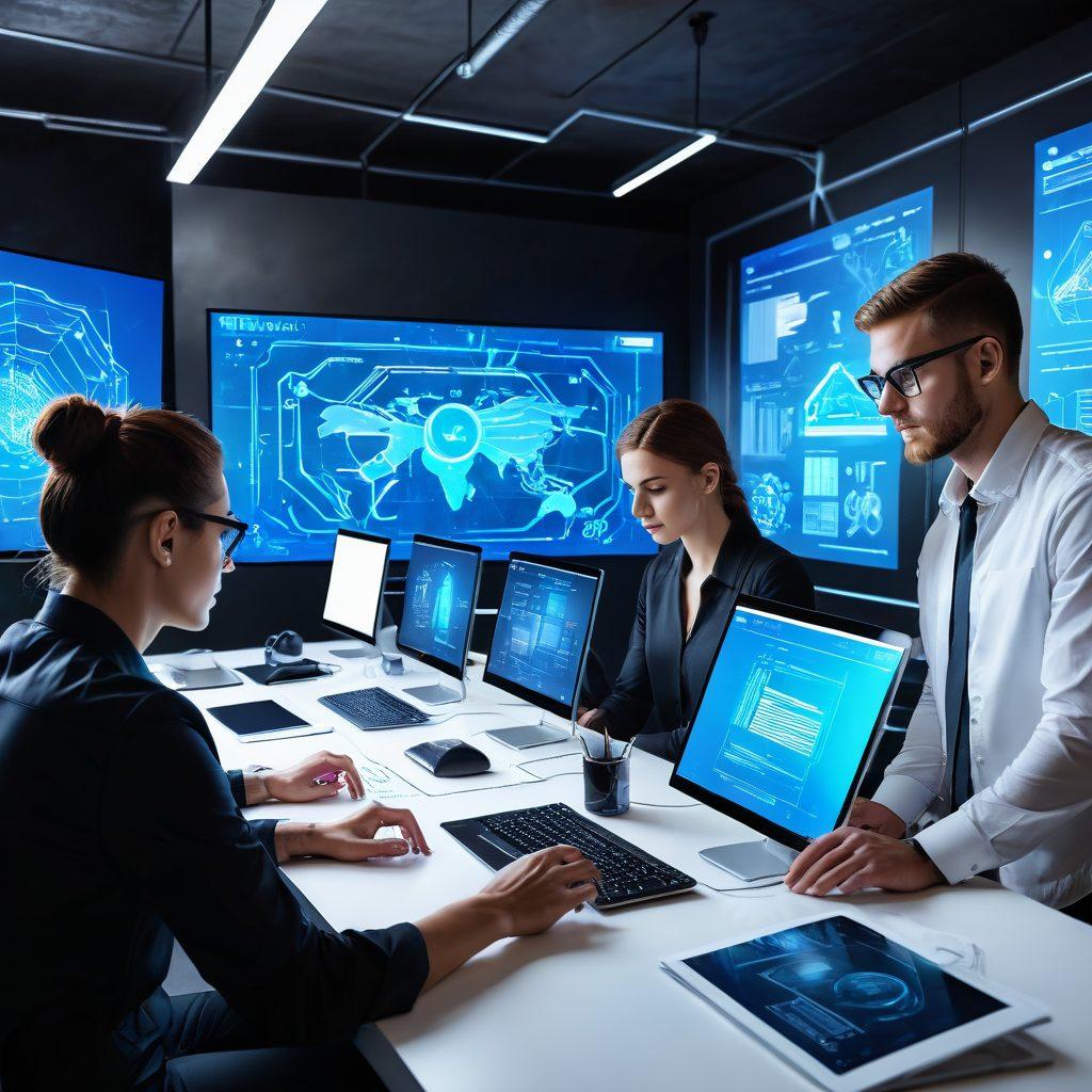 A sleek, modern web development workspace with a diverse team of developers collaborating at their screens. Blueprints and digital designs transition into fully-fledged website interfaces. Elements of coding, brainstorming, and deployment in a dynamic, process-oriented environment. futuristic-tech. vibrant colors. digital art.