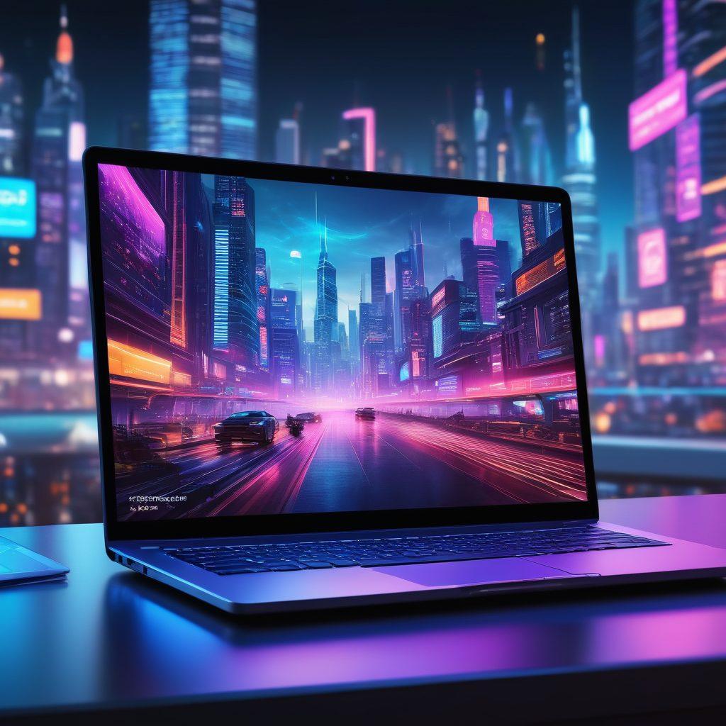 A futuristic digital landscape with a glowing, high-tech cityscape in the background. In the foreground, a sleek laptop displays a stunning, eye-catching website design, surrounded by icons representing analytics, user engagement, and conversion. The scene is bathed in vibrant, neon colors, creating a sense of innovation and excellence. cyberpunk. vibrant colors. super-realistic.