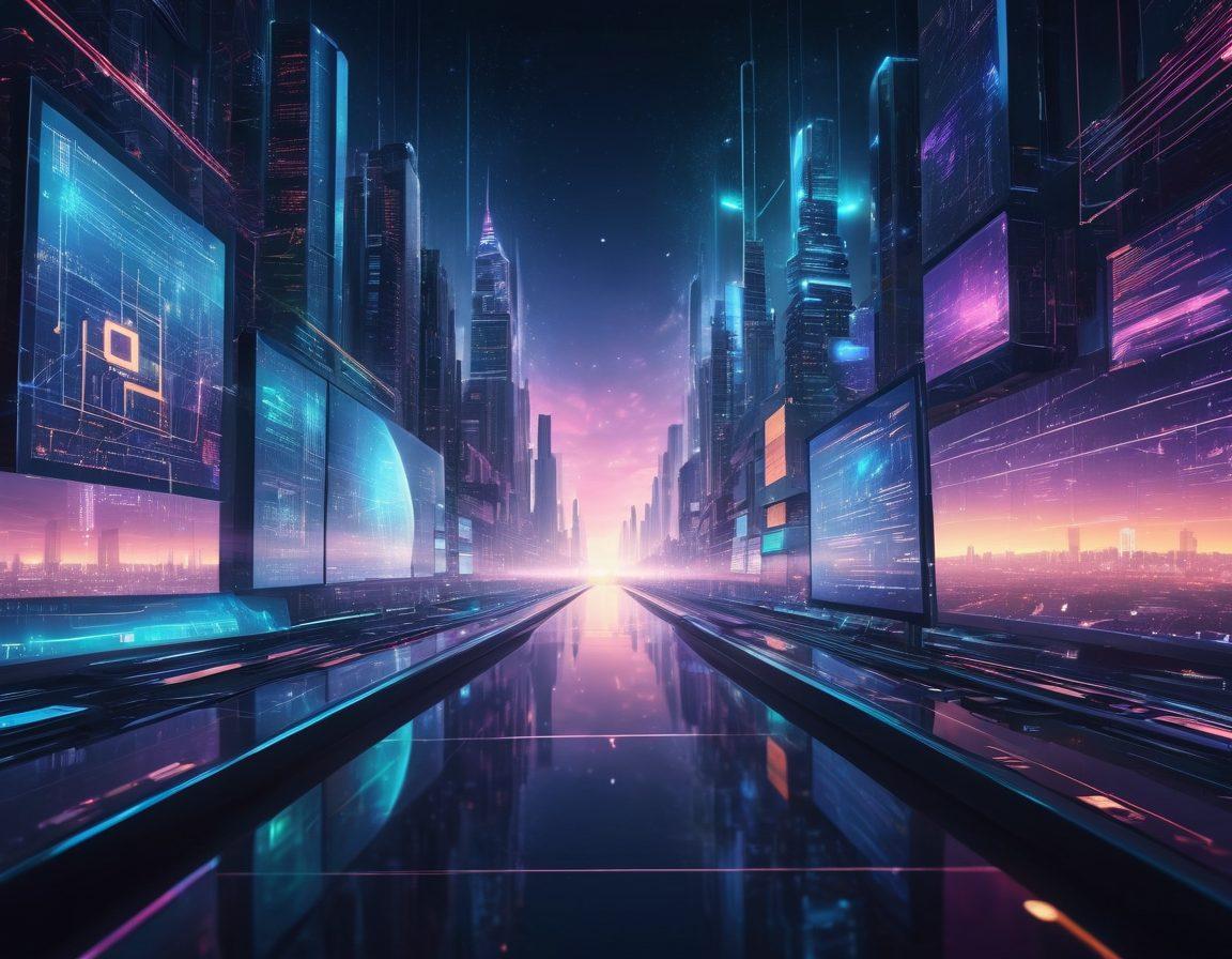 A futuristic cityscape composed of vibrant and sleek web design elements, interconnected via glowing digital pathways. Centralized is an advanced computer monitor displaying complex coding and design tools with a subtle reflection of an ambitious team at work. In the sky, brightly illuminated icons representing different digital solutions hover like stars. cyberpunk. vibrant colors. highly detailed. 3D.